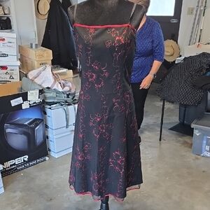 Elegant Black and Red Floral A-line Dress